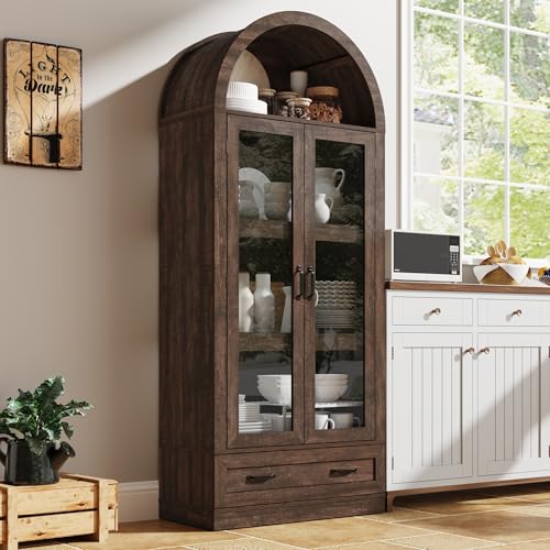 75" Tall Arched Kitchen Pantry Cabinet w Load-Bearing Steel Pipe,Modern Farmhouse Kitchens Storage Cabinet with Drawer and Glass Doors,Tall Arched Bookcase,Pantry Organizer(Rustic Brown) - color: Rustic Brown