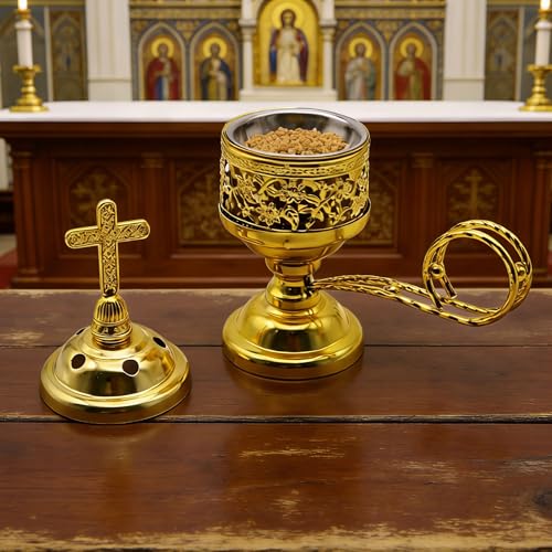 Solid Brass Color Incense Burner with Cross Lid - 6 Inch Charcoal Censer for Catholic Church, Home Altar - Thurible for Frankincense, Resin, Bakhoor