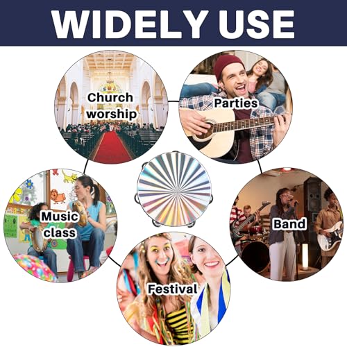AUEAR, Double Row Jingles Handheld Tambourine Creative Wooden Drum for Adults Percussion Musical Educational (1-Pack, 8 Inch, Reflective) - color: Double Row Jingles Reflective, size: 8"