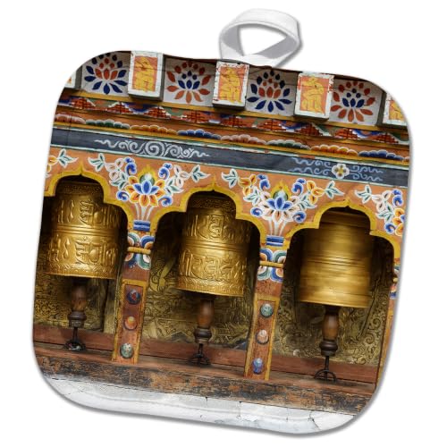 3dRose Bhutan. Spinning Prayer Wheels Along a Temple wall. 8x8 Potholder