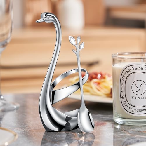 AnSaw Silver Swan Base With 10-Pcs Mini Leaf Coffee Spoon Holder Set-4.7" - color: Silver Swan