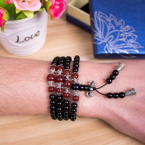 108 Mala Beads Bracelet Meditation Necklace Obsidian Beaded Prayer - color: Obsidian-Red Agate