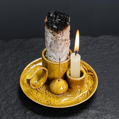 4 in 1 Ceramic Incense Burner Holder with Handle for Burning Sage, Palo Santo Stick, Joss Sticks, Candle in Your New House, Office, Yoga, Meditation Room (Yellow) - color: Yellow
