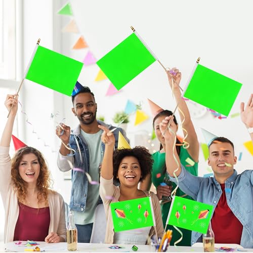 WEITBF 12Pcs 8×12 Inch Solid Green Flags Small Blank Sublimation DIY Flags on Stick Mini Triangle Handheld Solid Color Graffiti Flag - color: Green