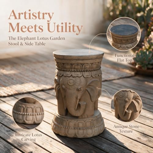 ZOEJADE Maharajah Elephant Lotus Statue Good Luck Garden Stool Side Table