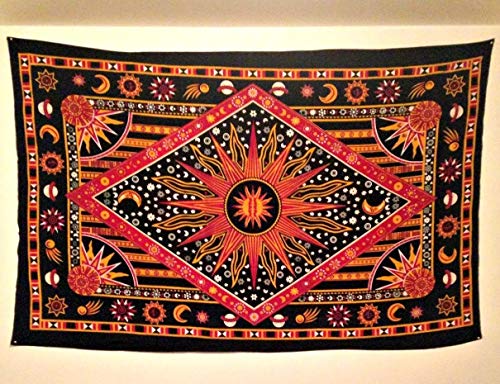 Hippie Mandala Sun and Moon Maditation Poster Wall Hanging Tapestry For Bedroom Indian Golden Burning Sun Stars Psychedelic Popular Mystic Beach Blanket 54 x 60 Inch - color: Golden, size: 60"L x 54"W