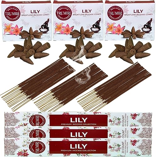 Lily Incense Sticks & Backflow Incense Cones for Waterfall Combo Pack - 60 Insence-Sticks + 30 Backflow Cones - Insents - Incense Waterfall Cones - Inscense - color: Lily