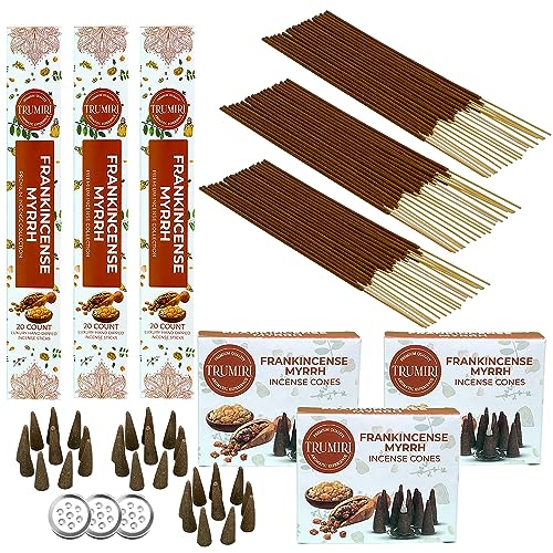Frankincense Myrrh Scented Incense Sticks & Incense Cones Combo Pack - 60 Insence-Sticks + 30 Insence Cones - Inscense - Incense Cones Scented - Insents - color: Frankincense Myrrh