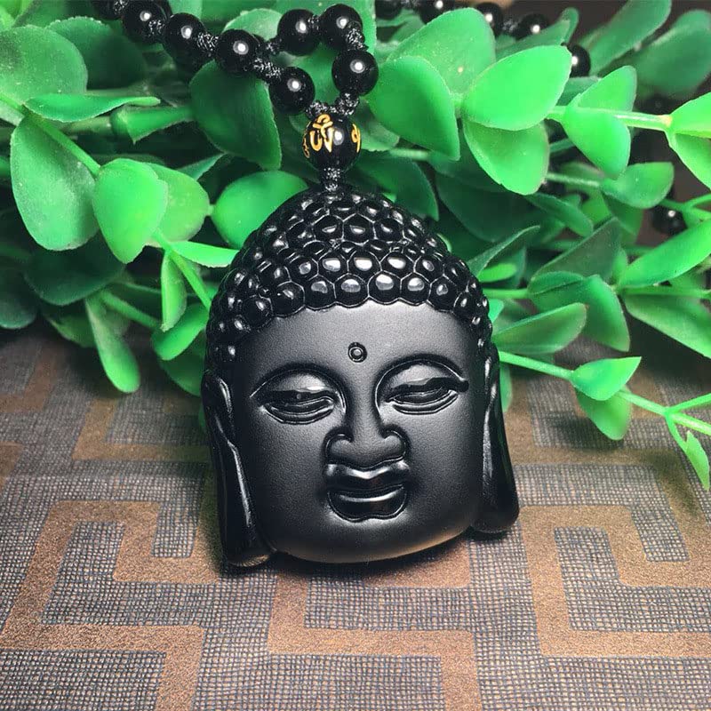 Opexicos 1Pcs Buddha Protection Amulet Obsidian Buddha Head Necklace