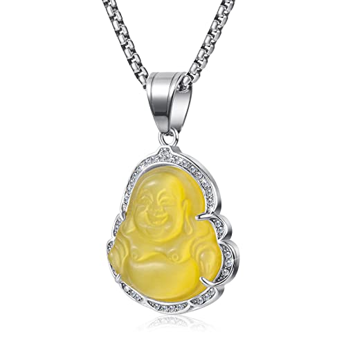 Lucky Laughing Buddha Pendant Chain Necklaces Amulet Jewelry for Men Women 60cm - color: Silver-Yellow
