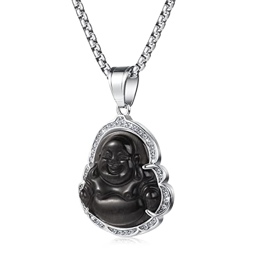 Lucky Laughing Buddha Pendant Chain Necklaces Amulet Jewelry for Men Women 60cm - color: Silver-Black