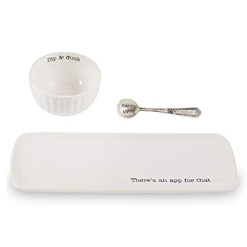 Mud Pie Set of 3 App for That Serving, Piece Set, Tray 4 1/2x 13|Bowl 2 1/2" x4 Dia|Spoon 5 1/2", White