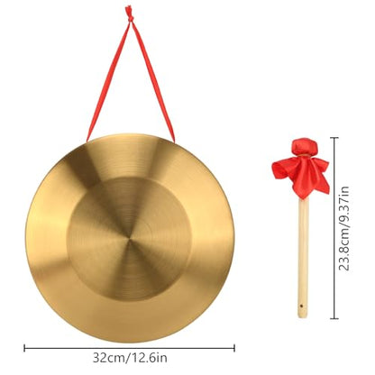 12.6 inch Gongs Instrument, Copper Gong with Beater and Red Hanging Ribbon for Celebration, Party, Festivals