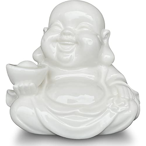 Houlu Small Laughing Buddha Statue for Good Luck, Ceramic White Lucky Happy Buddha Figurine for Home Decor, Office Decor, Garden Decor, Indoor/Outdoor