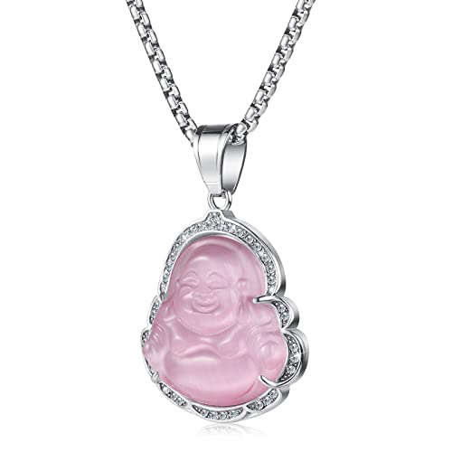 Lucky Laughing Buddha Pendant Chain Necklaces Amulet Jewelry for Men Women 60cm - color: Silver-Pink