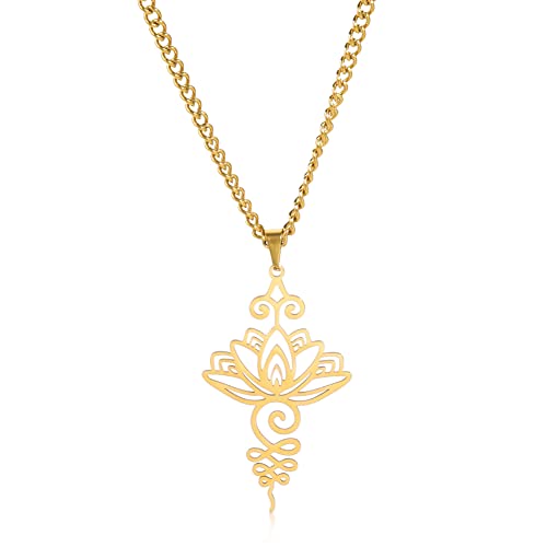 Dreamtimes Lotus Flower Pendant Necklace for Women Yoga Healing Charms Unalome Symbol Amulet Stainless Steel Jewelry Lotus Flower Necklace Buddha Yoga Necklace - color: GOLD