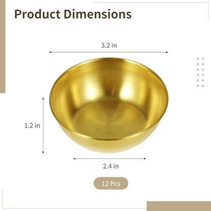 12 PCS Round Golden Sauce Bowls, 3.2 x 1.2 Inches Stainless Steel Dipping Sauce Cup,Small Seasoning Dish Sauces Containe, Prep Appetizer Plate