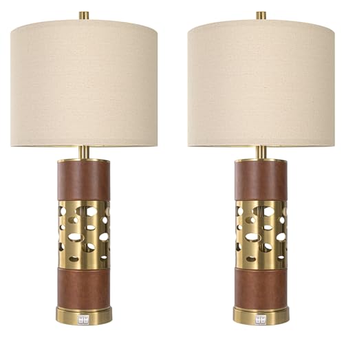 KIVDITZO Mid Century Modern Leather Table Lamps Set of 2 with Night Light