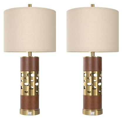 KIVDITZO Mid Century Modern Leather Table Lamps Set of 2 with Night Light