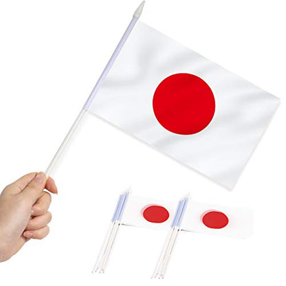 Anley Japan Mini Flag 12 Pack - Hand Held Small Miniature Janpanese Flags on Stick - Fade Resistant & Vivid Colors - 5.5x8 Inch with Solid Pole & Spear Top - color: Japan