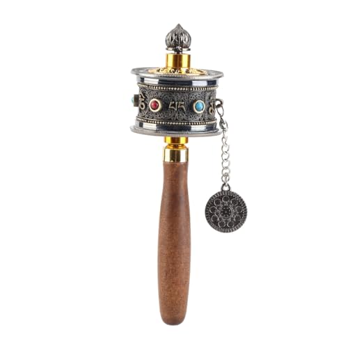 Tissting Handheld Prayer Wheel with Tibetan Buddhist Six Character Mantra - Wooden Handle, Silent Spinning for Meditation, Yoga, Relaxation, Spiritual Practice - color: Cyan