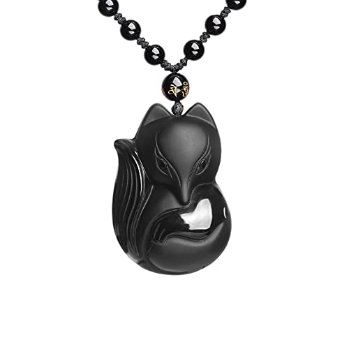ASGIFT Black Obsidian Necklace Lucky Amulet Protection Pendant with Extended Bead Chain Healing Crystal Stone Talisman Necklaces Jewelry - color: Fox-S