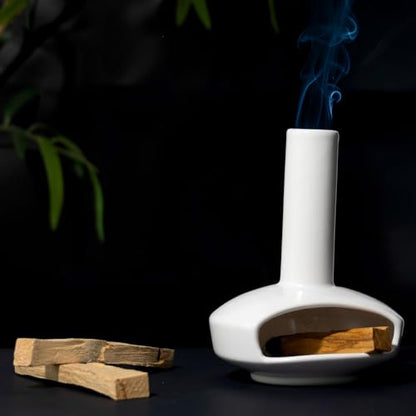 Ceramic Mini Chiminea Palo Santo Burner, Cute Cone & Stick Incense Holder - color: Round Bottomed Palo - White