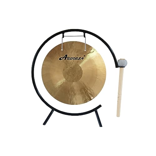 Arborea 10" Mini Gong for Desk with Mallet and Stand Shimmering Wash Authentic Chinese Gong Bell For Home Office Tabletop Decor Bronze Metal Gong Percussion Instruments - size: 10" Wind Gong