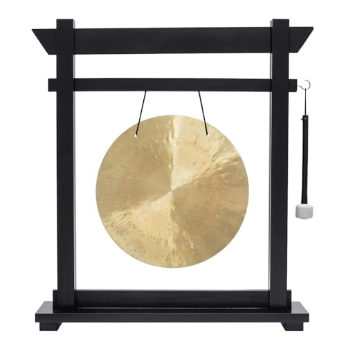 14" Gongs on Black Moksha Joe Stand - Includes Gong, Mallet, & Stand/Small Traditional Chinese Gong/Black Wood w/Matching Mallet/Easy to Assemble/Great for Small Spaces - size: 14" Wind Gong