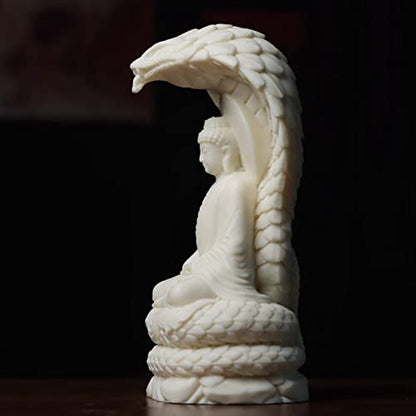 Sakyamuni Amitabha Buddha Statue with Snake Figurines feng Shui Decor,White Buddha Statue with Ivory Fruit Finish for Home Office Zen Decor