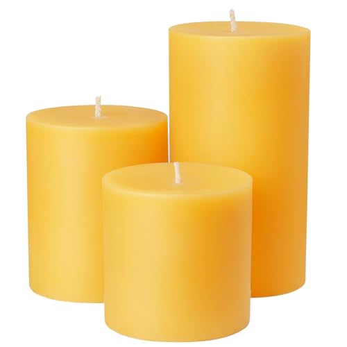 Set of 3 Natural Beeswax Pillar Candles - 3 inch Wide, Yellow, Unscented - size: 3x3 inch 3x4 inch 3x6 inch