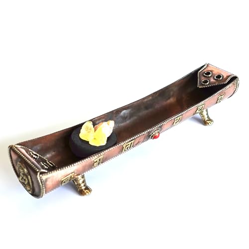 Traditional Handmade Incense Holder for Sticks and Cones | 100% Pure Copper & Brass Incense Burner | Buddhha & Buddhist Text | Stand Holds 6 Sticks & 6 Cones | Effective Ash Catcher