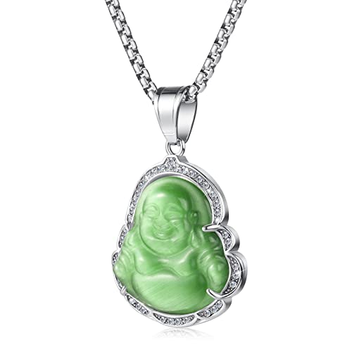 Lucky Laughing Buddha Pendant Chain Necklaces Amulet Jewelry for Men Women 60cm - color: Silver-Green