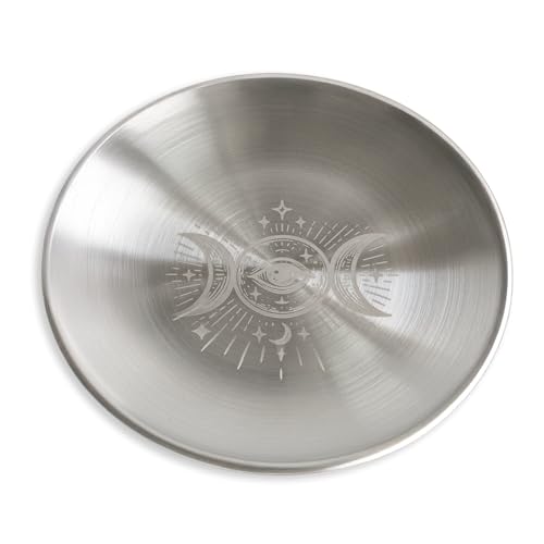 Offering Bowl Prayer Ritual Plate Great for Wicca, Altar use, Ritual use, Incense Burner, smudging Bowl, Decoration, (Silver Triple Moon) - color: Silver Triple Moon