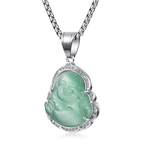 Lucky Laughing Buddha Pendant Chain Necklaces Amulet Jewelry for Men Women 60cm - color: Silver-Mint Green
