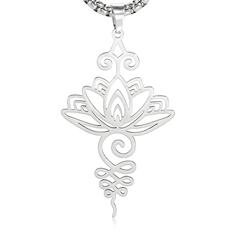Dreamtimes Lotus Flower Pendant Necklace for Women Yoga Healing Charms Unalome Symbol Amulet Stainless Steel Jewelry Lotus Flower Necklace Buddha Yoga Necklace - color: SILVER