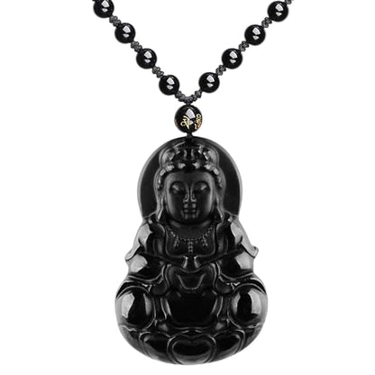ASGIFT Black Obsidian Necklace Lucky Amulet Protection Pendant with Extended Bead Chain Healing Crystal Stone Talisman Necklaces Jewelry - color: GuanYin