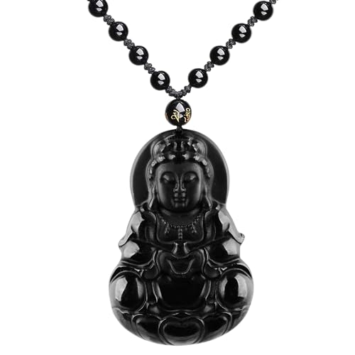 ASGIFT Black Obsidian Necklace Lucky Amulet Protection Pendant with Extended Bead Chain Healing Crystal Stone Talisman Necklaces Jewelry - color: GuanYin