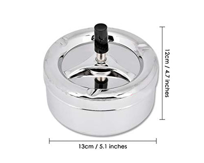 Round Push Down Ashtray with Spinning Tray Metal Cigarette Ash Tray Large 5.2 Inches Home Ashtray for Indoor and Outside Patio (Silver) - color: Silver