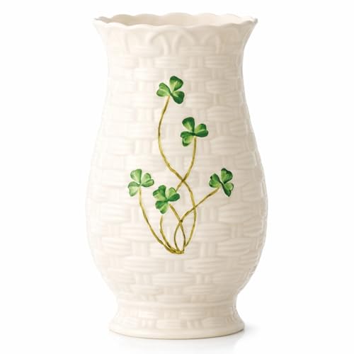 Belleek Classic Kylemore Gourd Vase 7" H x 3.1" W, Handcrafted Fine Parian China Shamrock Flower Vase, Irish Decor, White