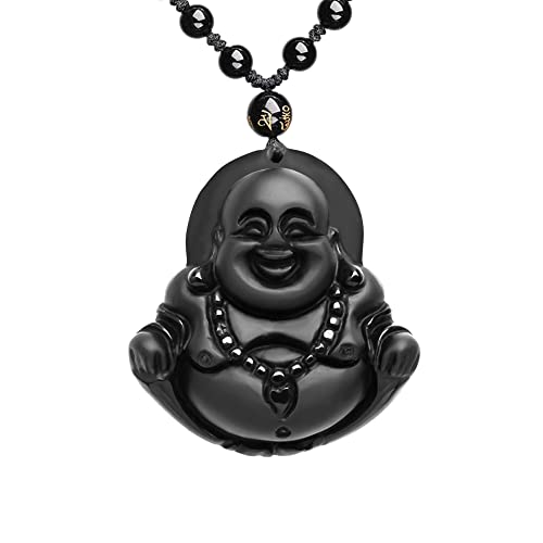 ASGIFT Black Obsidian Necklace Lucky Amulet Protection Pendant with Extended Bead Chain Healing Crystal Stone Talisman Necklaces Jewelry - color: MaitreyaC