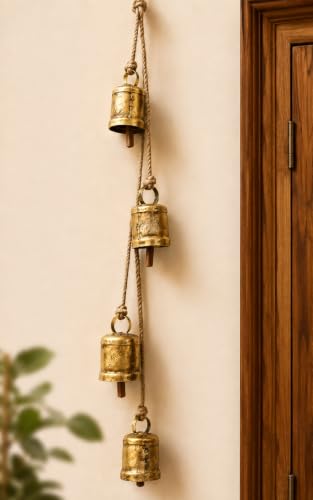 TA DIZAYN Handmade Decorative Bells, Gold Finish, Jute Rope, Rustic Style, Wall Hanging Decor, Door Knob, Wiccan Gifts for Home Wall Door