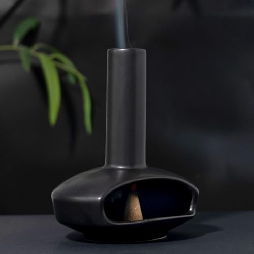 Mini Chimney Incense Burner, Ceramic Palo Santo Holder for Incense Cones - color: Round Bottomed Palo - Black