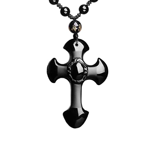 ASGIFT Black Obsidian Necklace Lucky Amulet Protection Pendant with Extended Bead Chain Healing Crystal Stone Talisman Necklaces Jewelry - color: Cross