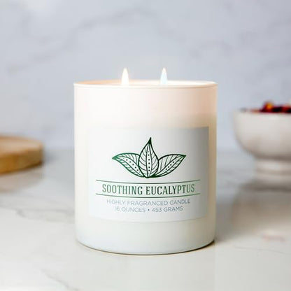 Carolina Soothing Eucalyptus Scented Candle, 16 oz Wellness Relaxing Aromatherapy Candle, 2 Wick White Jar Soy Blend Wax, Candles for Home, 60H Burn - Made in The USA - color: Soothing Eucalyptus