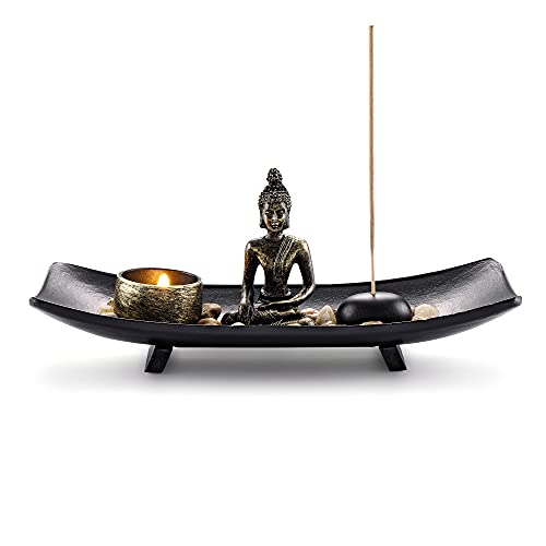 Jovivi Zen Garden Set Buddha Statue w/Tealight Candle Holder, Rocks & Incense Burner Holder & Wood Tray for Yoga Meditation Home Table Decor Gift - color: Set 2