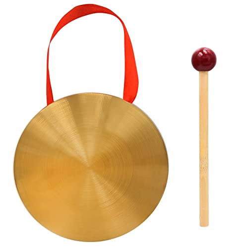 5.9'' Gold Brass Round Gong Home Decoration, Wall Hanging Decoration with Handheld Acoustic Instrument And Hammer