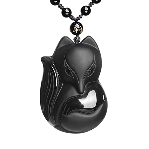 ASGIFT Black Obsidian Necklace Lucky Amulet Protection Pendant with Extended Bead Chain Healing Crystal Stone Talisman Necklaces Jewelry - color: Fox-L