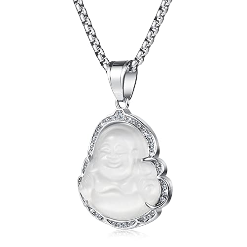 Lucky Laughing Buddha Pendant Chain Necklaces Amulet Jewelry for Men Women 60cm - color: Silver-White