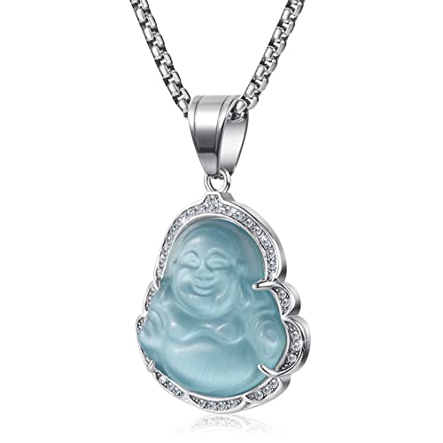 Lucky Laughing Buddha Pendant Chain Necklaces Amulet Jewelry for Men Women 60cm - color: Silver-Light Blue